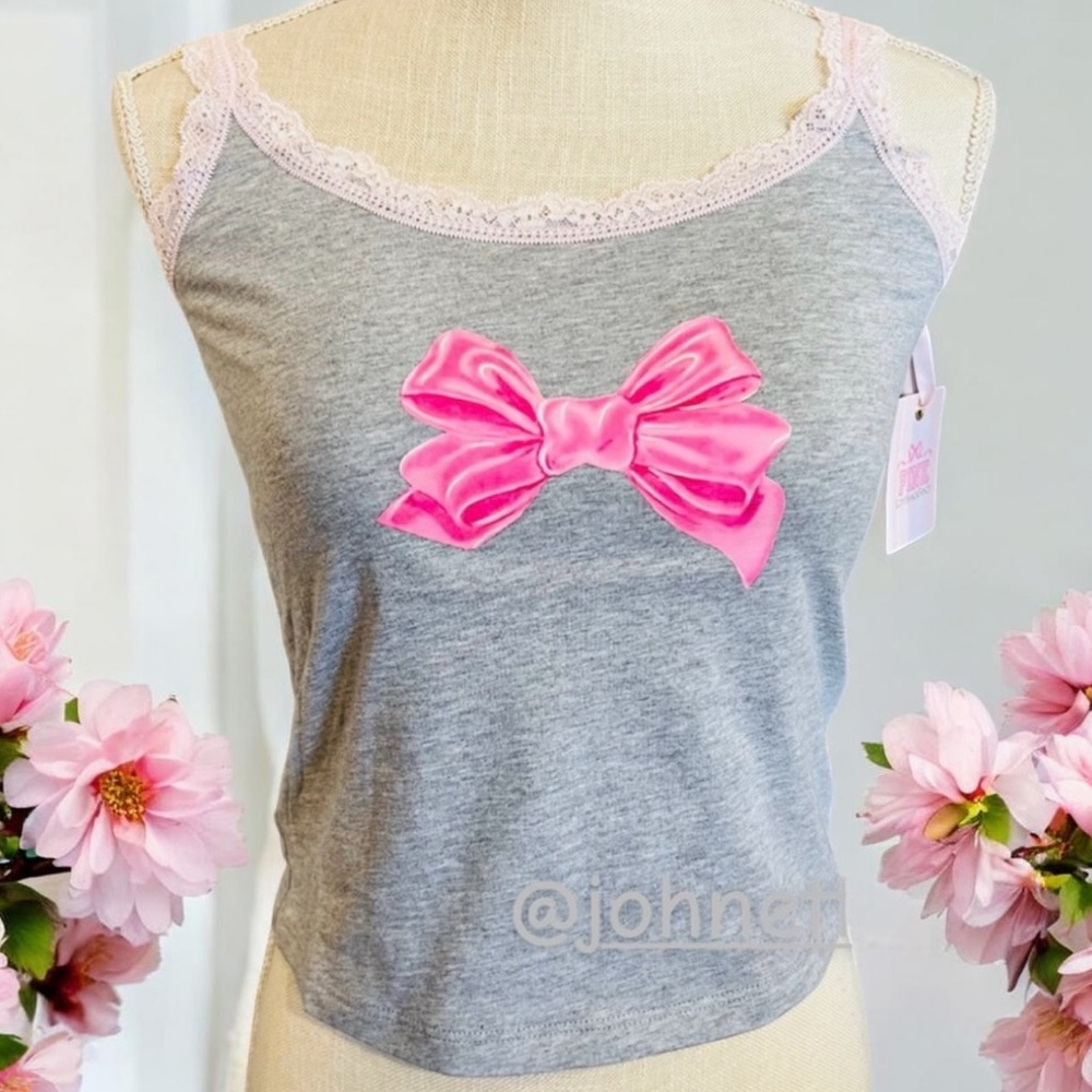 🎀VS PINK x LoveShackFancy Cotton Cami Grey Pink Bow Lace Trim Girly Feminine